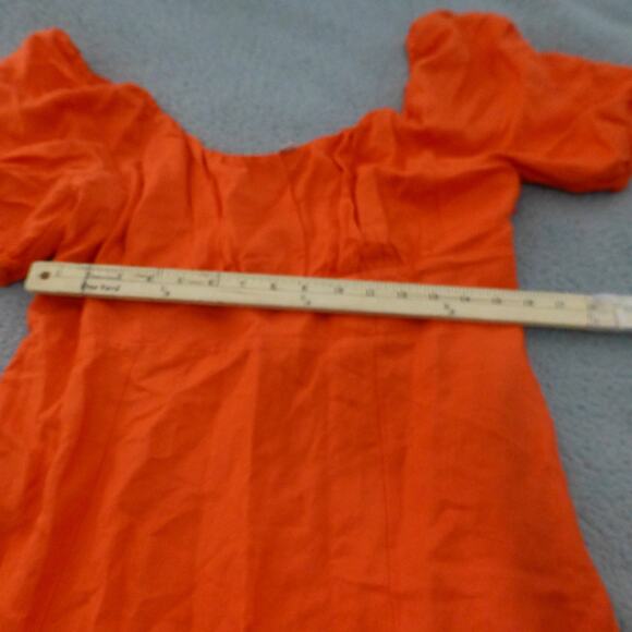 Loft Dress Womens 10 Orange Smocked Puff Sleeves Linen Blend Slit Long - Picture 6 of 10